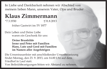 Traueranzeige von Klaus Zimmermann von Pegnitz-Zeitung
